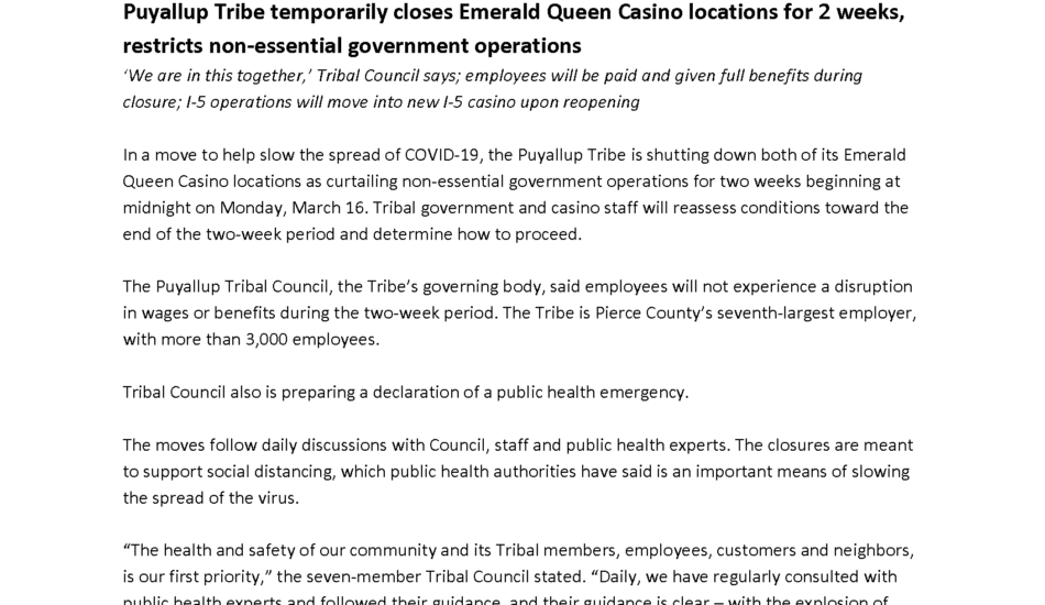Puyallup Tribe Temporarily Closes Emerald Queen Casino Locations for 2 Weeks, Restricts Non-Essential Government Operations