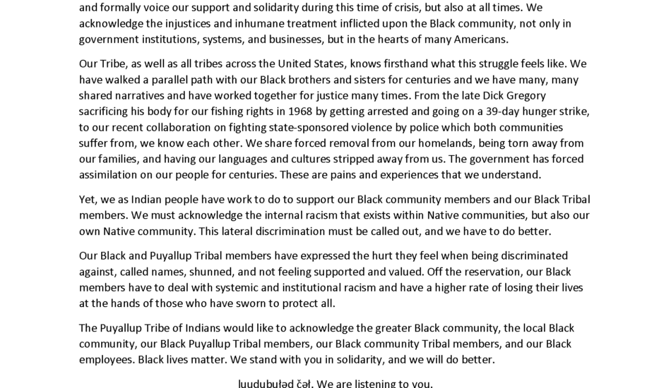 Puyallup Tribal Council Black Lives Matter Statement