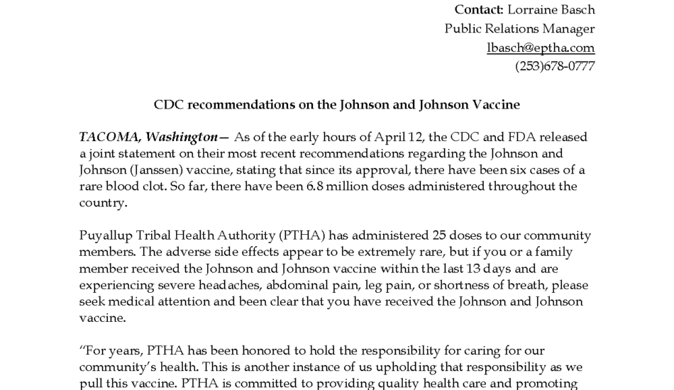 PTHA’s Response to CDC’s Recommendation to Pause the Johnson & Johnson Vaccine