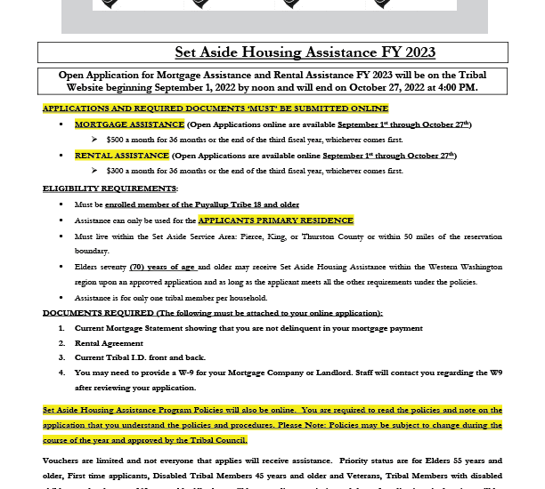 Set Aside Housing Assistance FY 2023